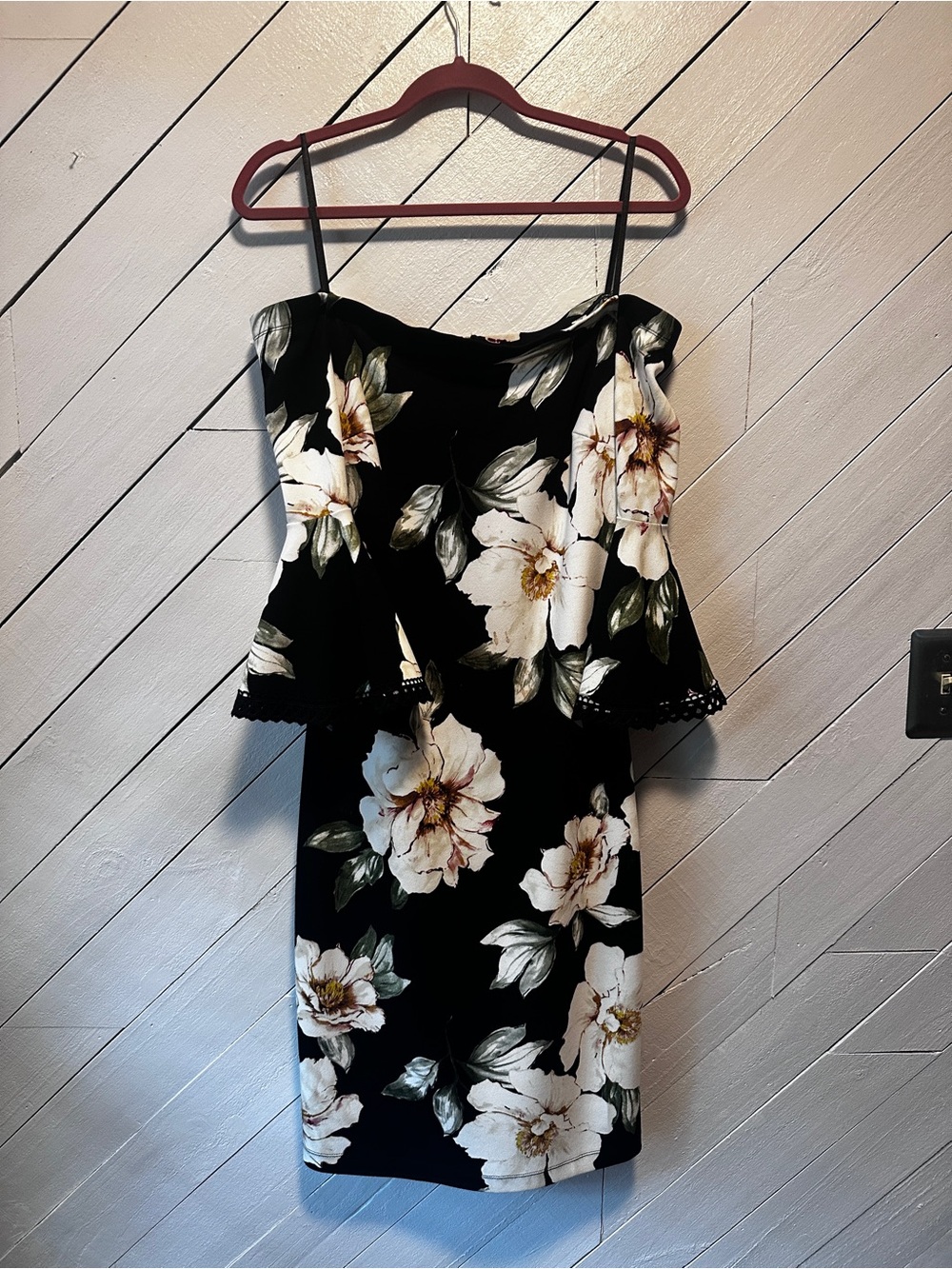 Floral Off-Shoulder Black Mini Dress with White Blossoms